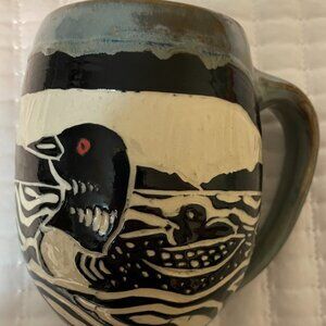 n3pottery Loon Mug in Gray, Handmade and Hand Carved sgraffito ceramic.